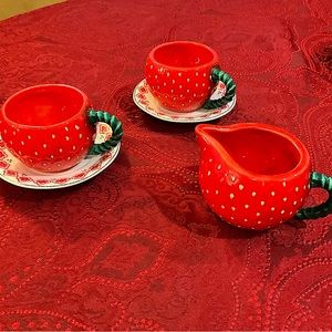 vtg HANDMADE 1970 Strawberry Tea Cups Pourer + Saucers Decorative Red Green